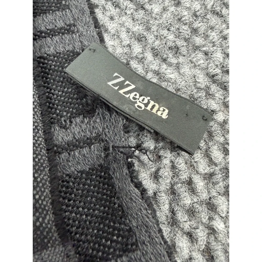 Z Zegna 100% Wool Scarf Wrap Men's Gray Black Plaid Fringe Edge Italy